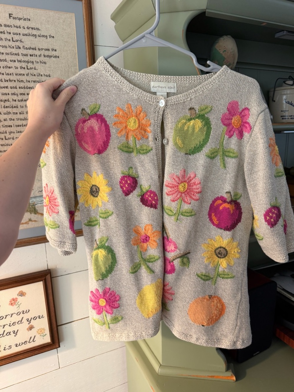 Cottagecore Fruit & Flower Knit Cardigan Northern Isles Garden Whimsy Sweater